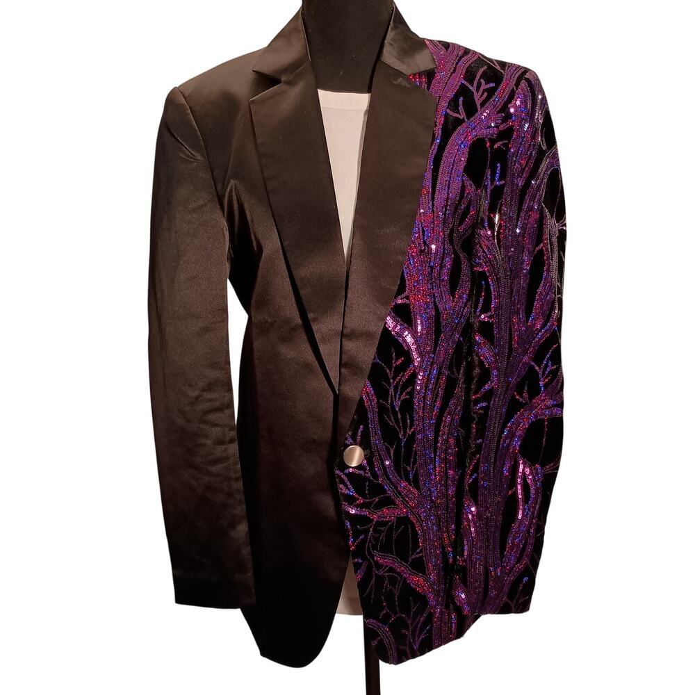 Sequin and Part Velvet Party Blazer Black & Purple Size XS